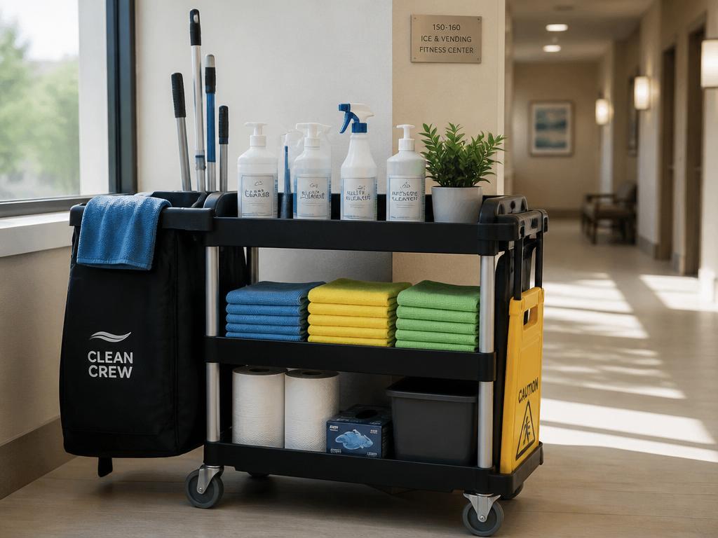 Professional cleaning cart and uniform supplies